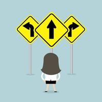 Businesswoman standing on three way arrows road sign. vector