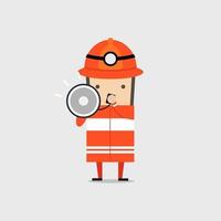 Fireman Speaking In Megaphone Wear Uniform And Helmet. vector