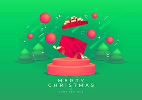 Merry Christmas and Happy New Year with red gift box and gold ribbon banner. 3D depth and realistic festive objects. vector