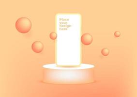 Blank screen smartphone on podium for product presentation or showcase on orange background. vector