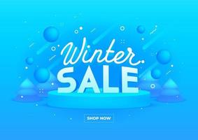 banner web para la venta de invierno sobre fondo azul. Profundidad 3D y objetos festivos realistas. vector