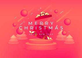 Merry Christmas and Happy New Year with red gift box and gold ribbon banner. 3D depth and realistic festive objects. vector