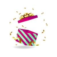 Opened gift box with golden bow and gold ribbon. vector
