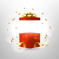 Opened red gift box with red bow and gold ribbon. Surprise box with magic effect. vector