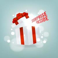 Surprise inside open gift box. Open white gift box with red ribbon and bow. Birthday surprise and Christmas present concept. vector