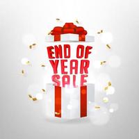 End of year sale banner. Opened gift box with red bow and magic effect. vector