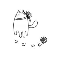 Doodle of cat with a bow and a ball of  yarn vector