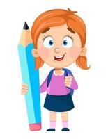 De vuelta a la escuela. linda chica sosteniendo un lápiz grande vector
