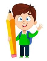 Back to school. Cute boy holding big pencil vector