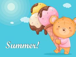 Hello summer. Cute little bear holds ice cream vector