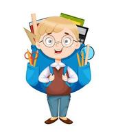 Back to school. Cute schoolboy with big backpack vector