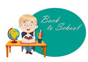 Back to school. Cute schoolboy sits at the desk vector