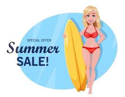 Summer sale concept. Cute surf girl vector