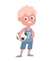 niño lindo en uniforme de fútbol sosteniendo una pelota vector