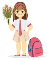 Schoolgirl with backpack and bouquet of flowers. vector