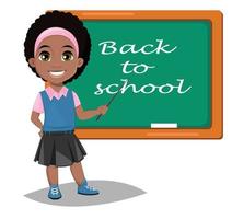 Back to school. Cute Afro-American girl standing near blackboard. Pretty little schoolgirl. vector