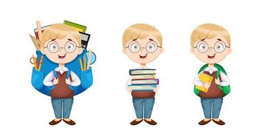 Back to school. Cute schoolboy, set of three poses vector