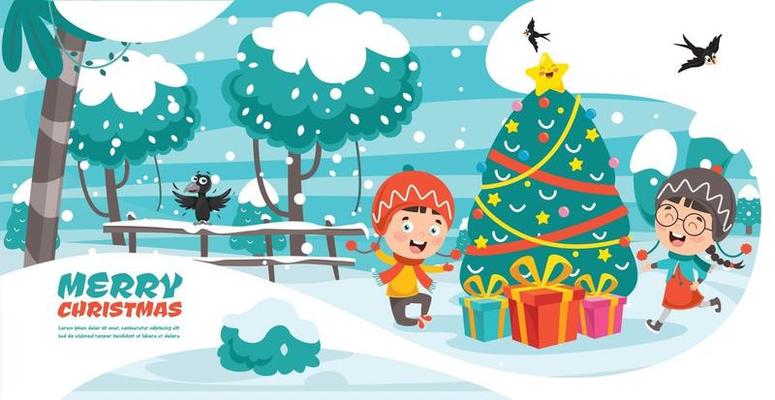 Christmas Greeting Card Design With Cartoon Characters