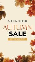 Autumn sale background with falling leaves. Can be used as story post in social network. Vector Illustration