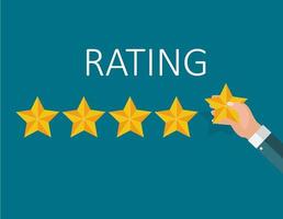 Flat Design Hand with Star Rating. Evaluation System and Positive Review Sign. Vector Illustration