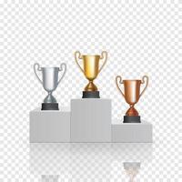 Pedestal with the cup winner of the first Gold , the second Silver and the third Bronze place on transparent background. Vector Illustration.