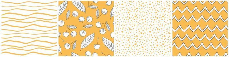 Set of Yellow white bright summer vector outline doodle cartoon seamless patterns of cherries. Isolated graphic hand drawn illustration of berries, leaves, waves, dots