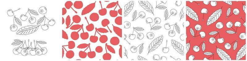 Set of outline and silhouette vector seamless patterns of cherries. Doodle cartoon isolated hand drawn illustration of berries in white, black and red colors