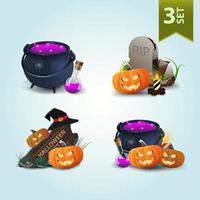 conjunto de iconos de halloween aislado para tus artes. caldero de bruja, lápida sepulcral y gato de calabaza vector