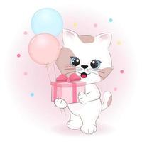 Cute kitten holding gift box and balloons cartoon hand drawn illustration vector
