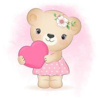 Cute bear and heart cartoon hand drawn illustration vector