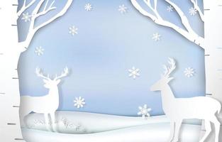 Paper art of reindeer and snowflake Christmas background vector