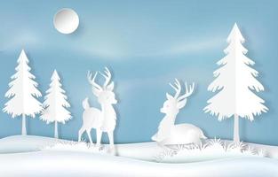 Paper art of reindeer and pine tree on blue sky background illustration vector