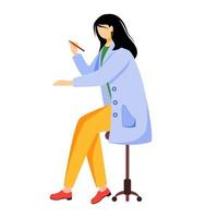 Scientist in blue lab coat flat vector illustration. Creating schemes, models. Designing, drawing and writting. Woman holding pen, pencil isolated cartoon character on white background