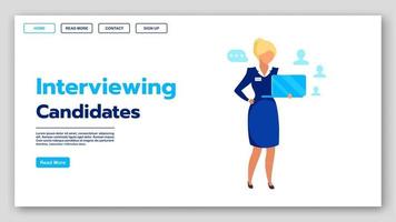 Interviewing candidates landing page vector template. Recruitment company website interface idea with flat illustrations. Employment agency homepage layout. Headhunting web banner cartoon concept