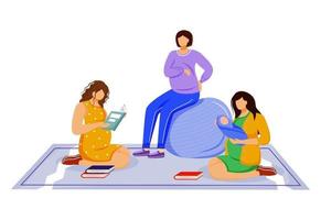 Young mother and pregnant women flat vector illustration. Rest room for parents. Girl friends in pregnancy time and lady with newborn isolated cartoon characters on white background