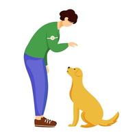 Animal adoption flat vector illustration. Young volunteer with dog isolated cartoon characters on white background. Voluntary pet care design element. Activist rescuing abandonned, homeless animal