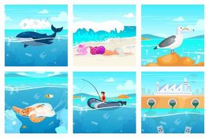 Plastic pollution in ocean flat vector illustrations set. Water contamination problem. Junk in sea. Ecological catastrophe. Cartoon turtle, marine animal trapped in plastic package