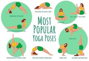 Popular yoga poses green vector infographic template. Body positive females. Poster, booklet page concept design with flat illustrations. Advertising flyer, leaflet, banner with workflow layout idea