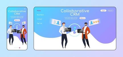 Collaborative CRM adaptive landing page flat color vector template. Smiling businessmen mobile, PC homepage layout. Client data sharing one page website UI. Cooperation webpage cross platform design