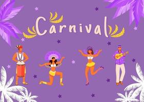 Carnival banner flat vector template. Horizontal poster with concepts design. Brazilian parade. Men playing on tumbadora cartoon illustration with typography. Dancing women on purple background