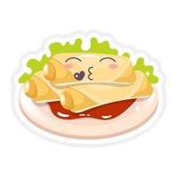 Chineese spring rolls cute kawaii vector character. Asian food with kissing face. Eastern traditional cuisine. Chineese dish with vegetables. Funny emoji, emoticon. Isolated cartoon color illustration