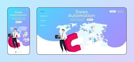 Sales automation adaptive landing page flat color vector template. Customer relationship management mobile and PC homepage layout. CRM one page website UI. Businessman webpage cross platform design