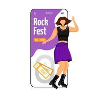 pantalla de aplicación de vector de smartphone de dibujos animados de rock fest. Entradas. bailarina punk. fangirl en concierto, concierto. Pantalla de teléfono móvil con maqueta de diseño de personajes planos. aplicación teléfono linda interfaz