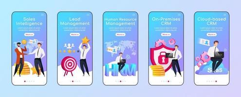 CRM options and types onboarding mobile app screen flat vector template. Sales intelligence. Walkthrough website steps with characters. UX, UI, GUI smartphone cartoon interface, case prints set