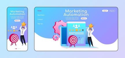 Marketing automation adaptive landing page flat color vector template. Smiling male with star mobile, PC homepage layout. Arrow in target page website UI. Client service webpage cross platform design