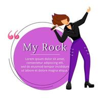 Female singer flat color vector illustration. Rock band frontwoman. Musician. Isolated cartoon character. Quote blank frame template. Round purple speech bubble. Quotation, citation text box design.