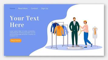 Fashion designer landing page flat color vector template. Taking measurements of man model homepage layout. Design clothes one page website interface with cartoon illustration. Atelier banner, webpage