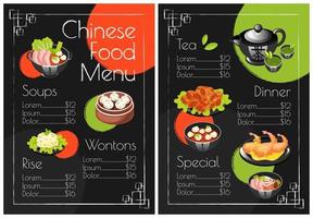 Chinese food menu template. Print design with cartoon icons. Wontons, soups and rice for dinner. Concept vector illustrations. Restaurant, cafe banner, flyer brochure page with food prices layout