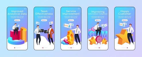 Improvements by CRM onboarding mobile app screen flat vector template. Team effectiveness. Walkthrough website steps with characters. UX, UI, GUI smartphone cartoon interface, case prints set