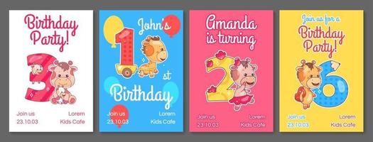 Kids Birthday party invitation card vector templates set. Child anniversary poster design with cartoon giraffe. Colorful baby event banner print layout. Cute bday celebration flyer with kawaii animals